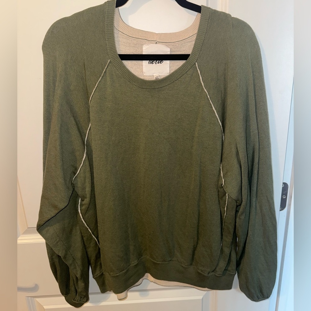 aerie Olive Green Crewneck Sweater with Contrast Stitching